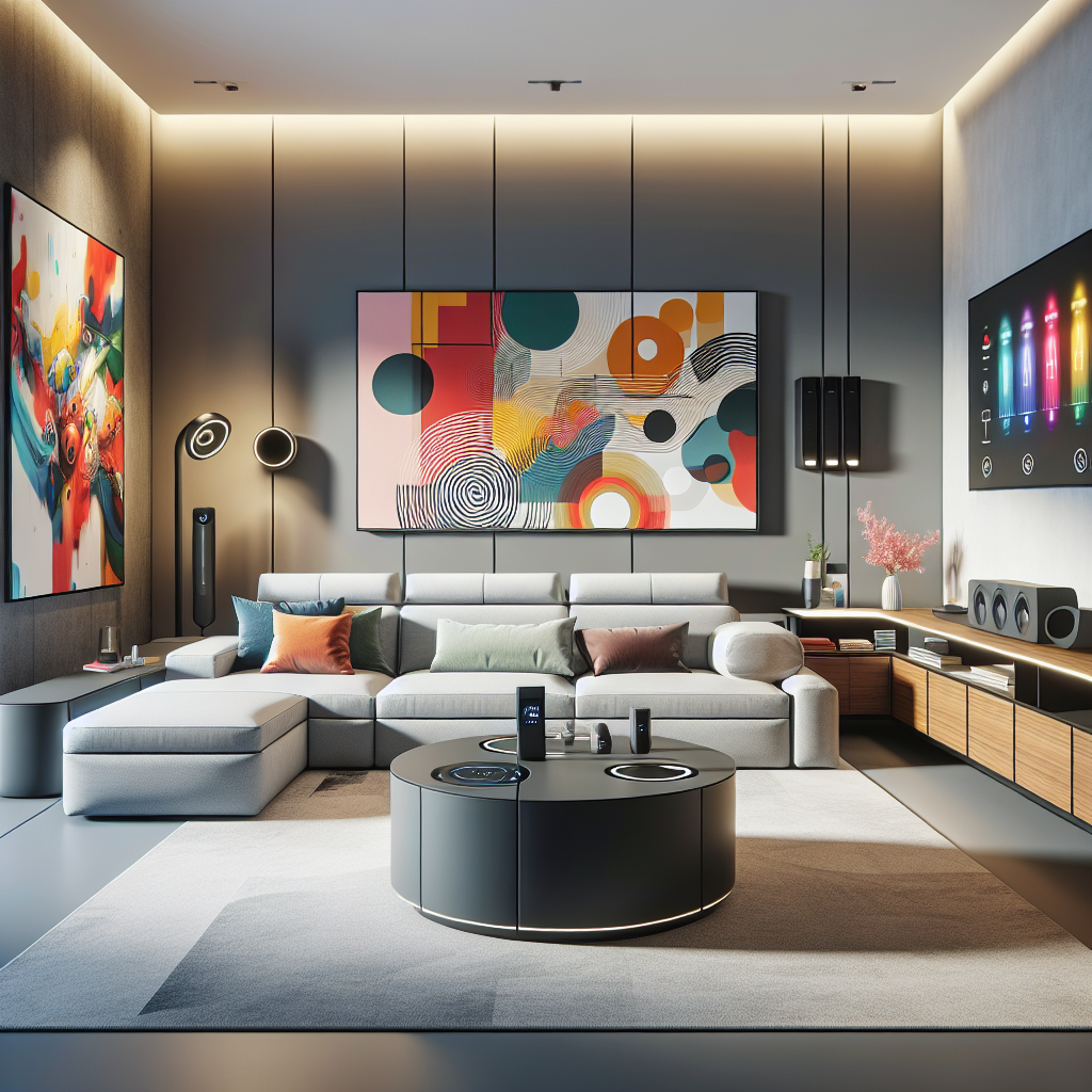 A stylish modern living room featuring multi-functional furniture, an accent wall with contemporary art, and smart home technology