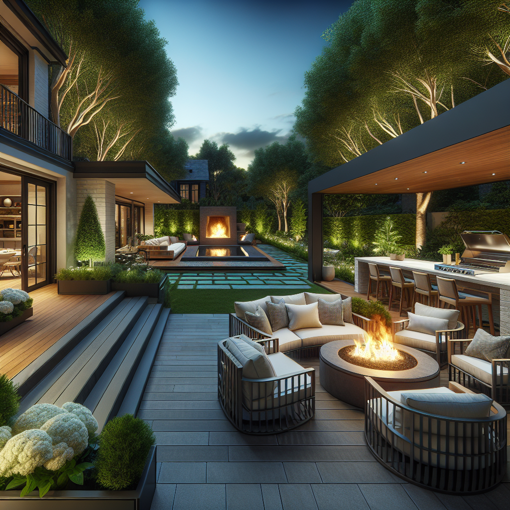 A beautifully designed outdoor living space featuring an outdoor kitchen, fire pit area with seating, and lush landscaping