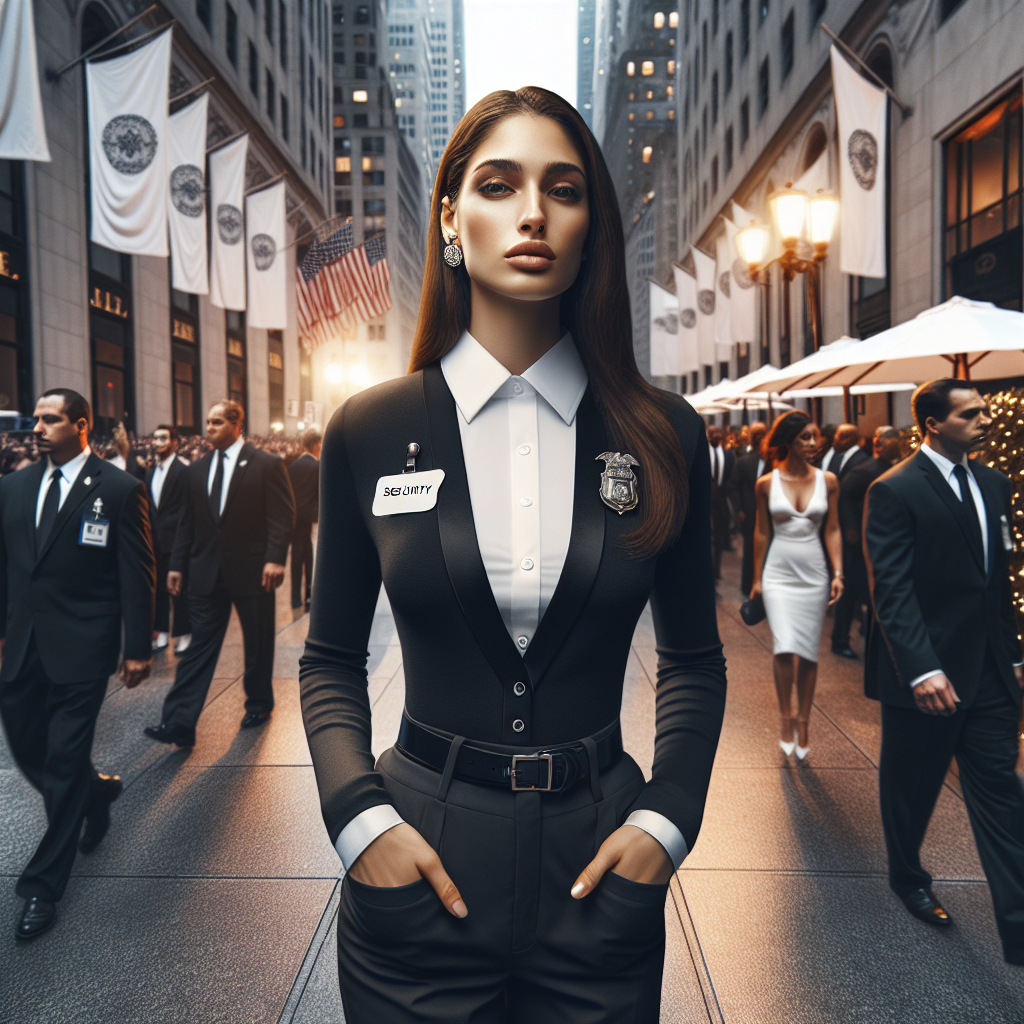A professional female bodyguard providing discreet security at a high-profile New York City event, showcasing professionalism amidst an elegant atmosphere