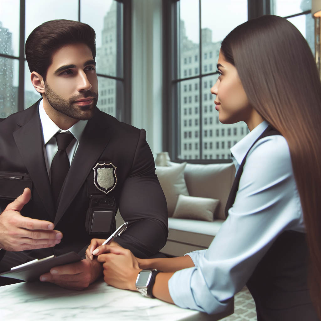A professional male bodyguard discussing security plans with a client in an upscale New York City office setting, showcasing professionalism