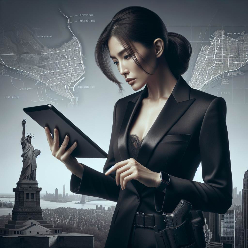 A professional bodyguard analyzing maps and safety plans in front of iconic New York City landmarks, showcasing strategic thinking
