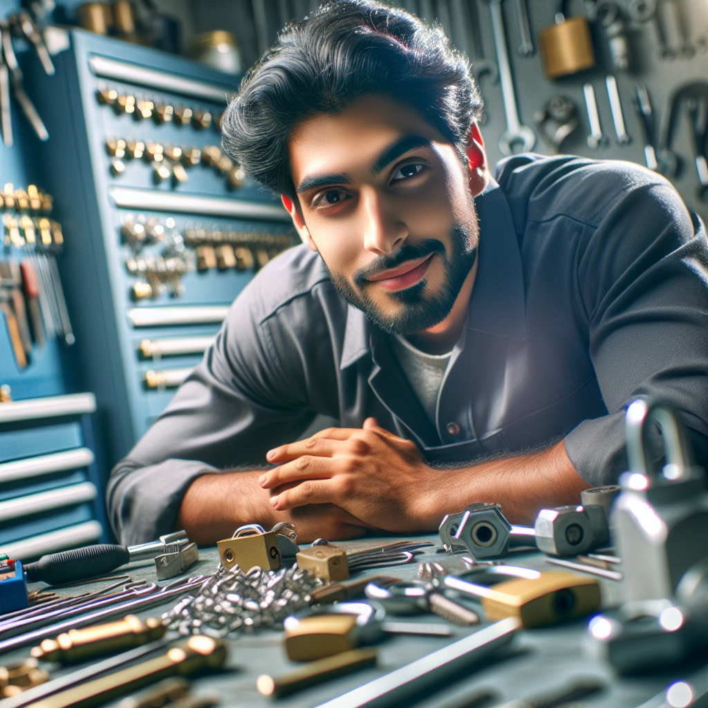 A professional locksmith at work in Aurora, Colorado, showcasing various tools and locks with a friendly demeanor