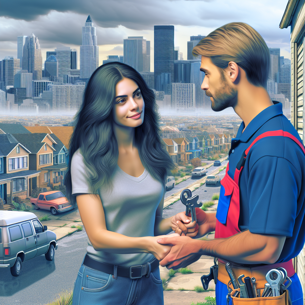 A busy urban scene with a friendly locksmith assisting a customer outside their home in Aurora, Colorado