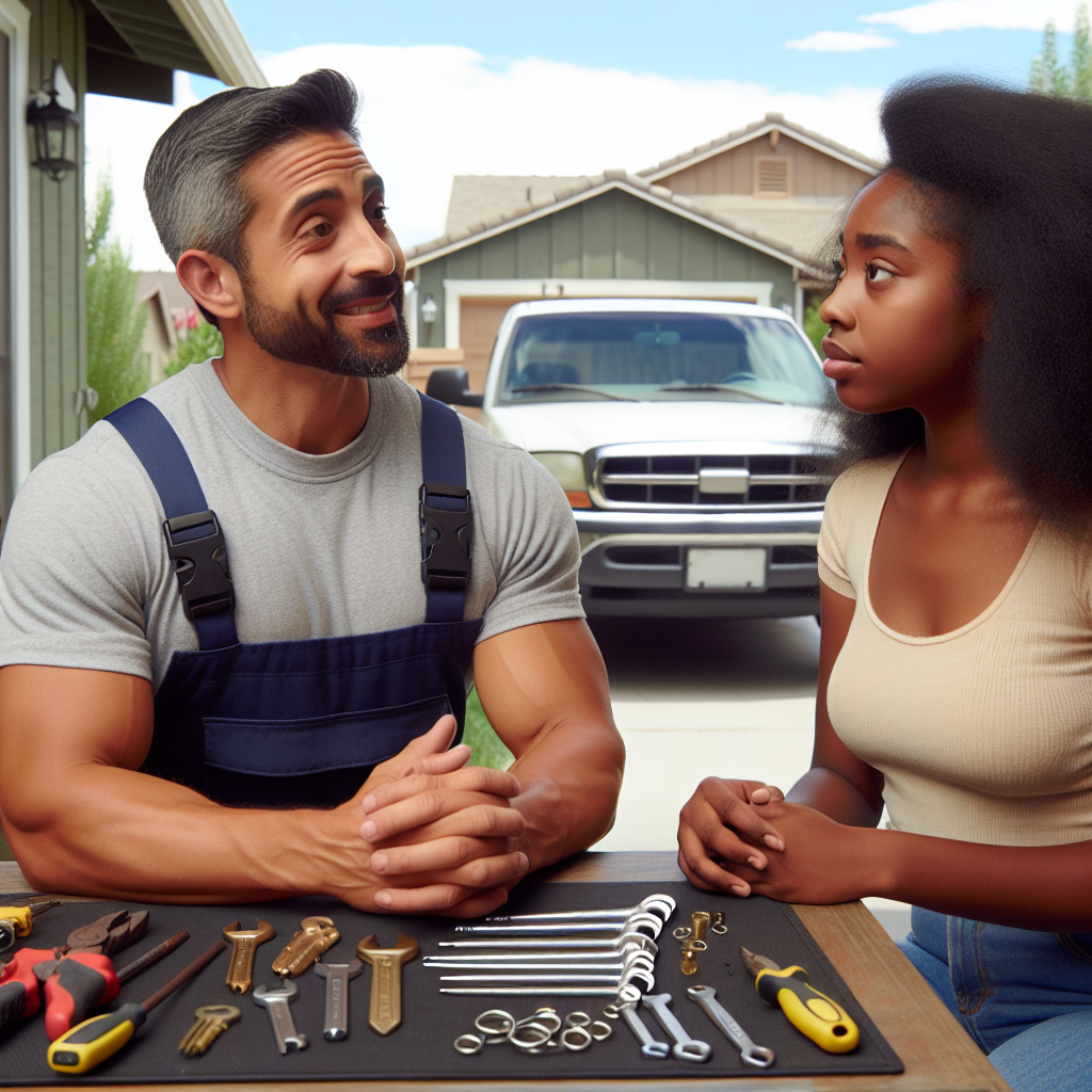 A friendly local locksmith consulting with a customer at their home in Aurora, Colorado, surrounded by tools