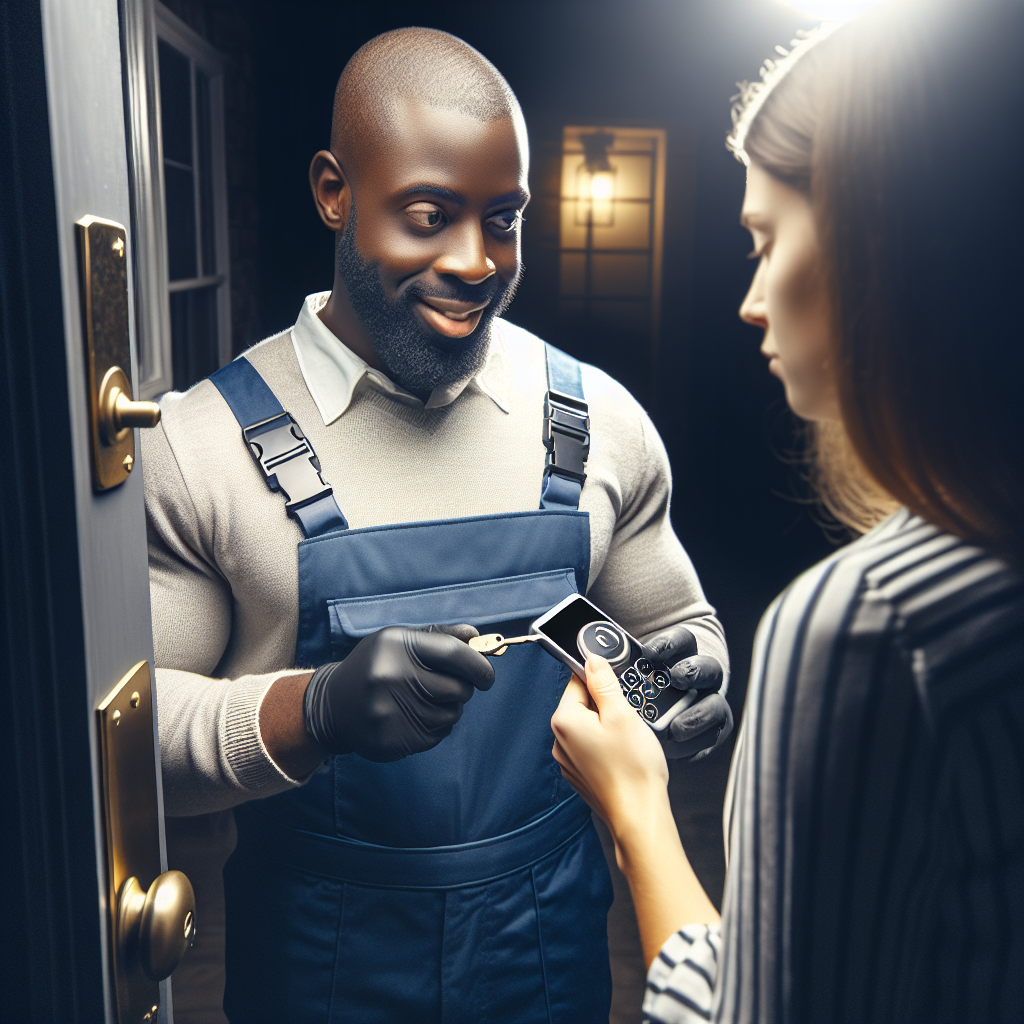 A friendly locksmith assisting a customer with unlocking a door at night