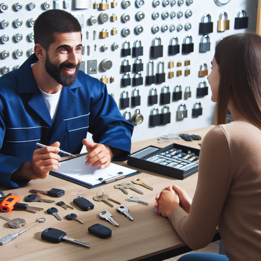 A friendly local locksmith discussing options with a customer in an office setting