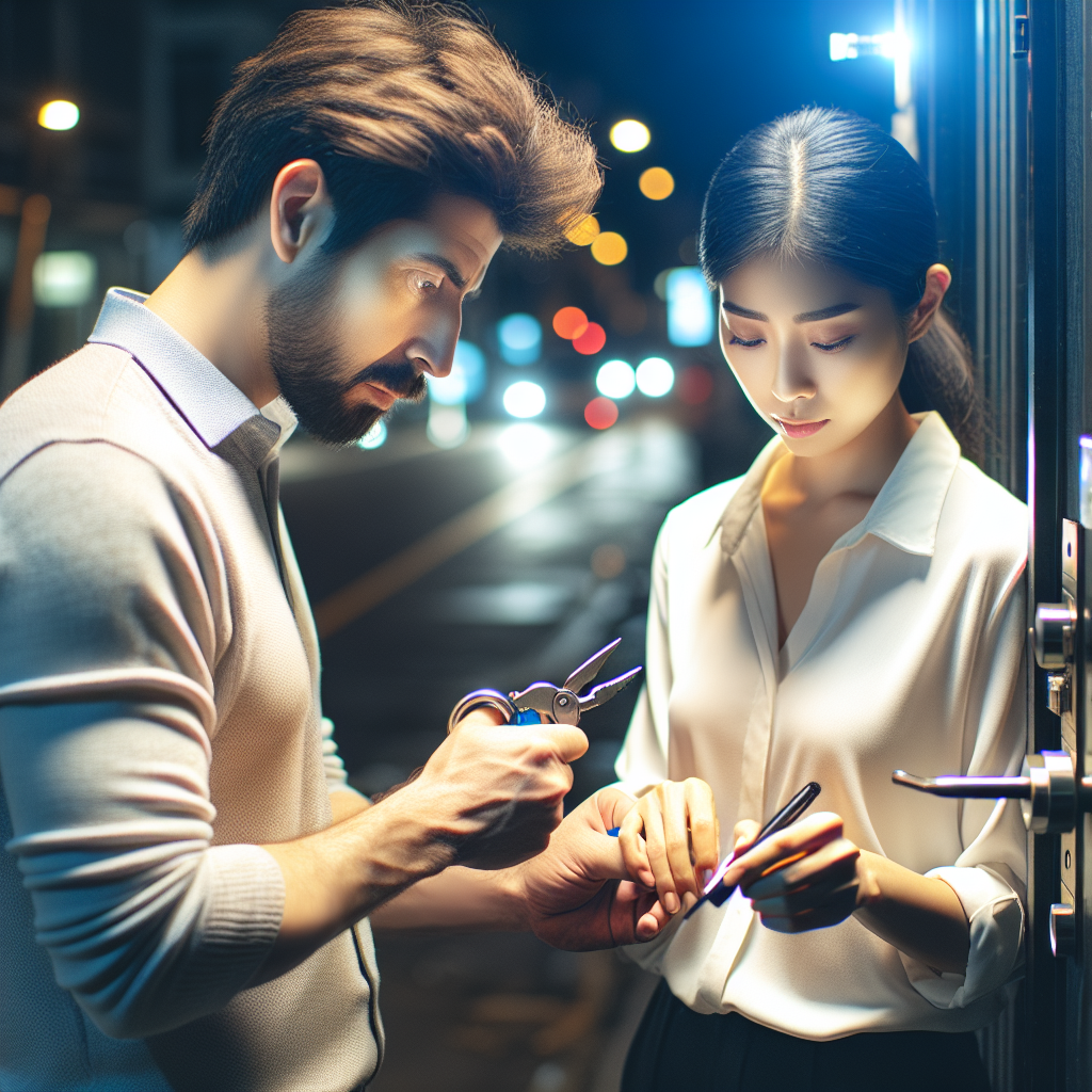 A professional locksmith assisting a customer during an emergency at night