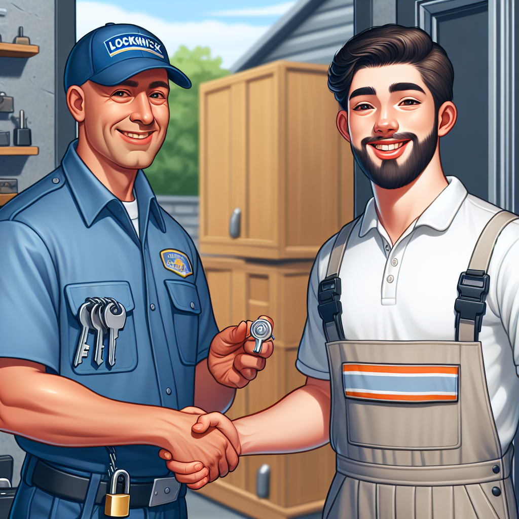 A friendly locksmith providing service to a satisfied customer during the day