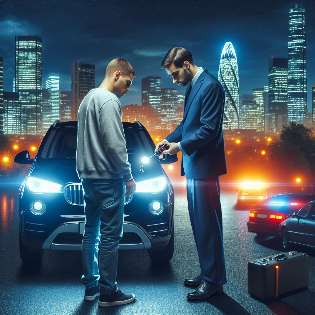 A professional auto locksmith assisting a customer at night with bright city lights in the background