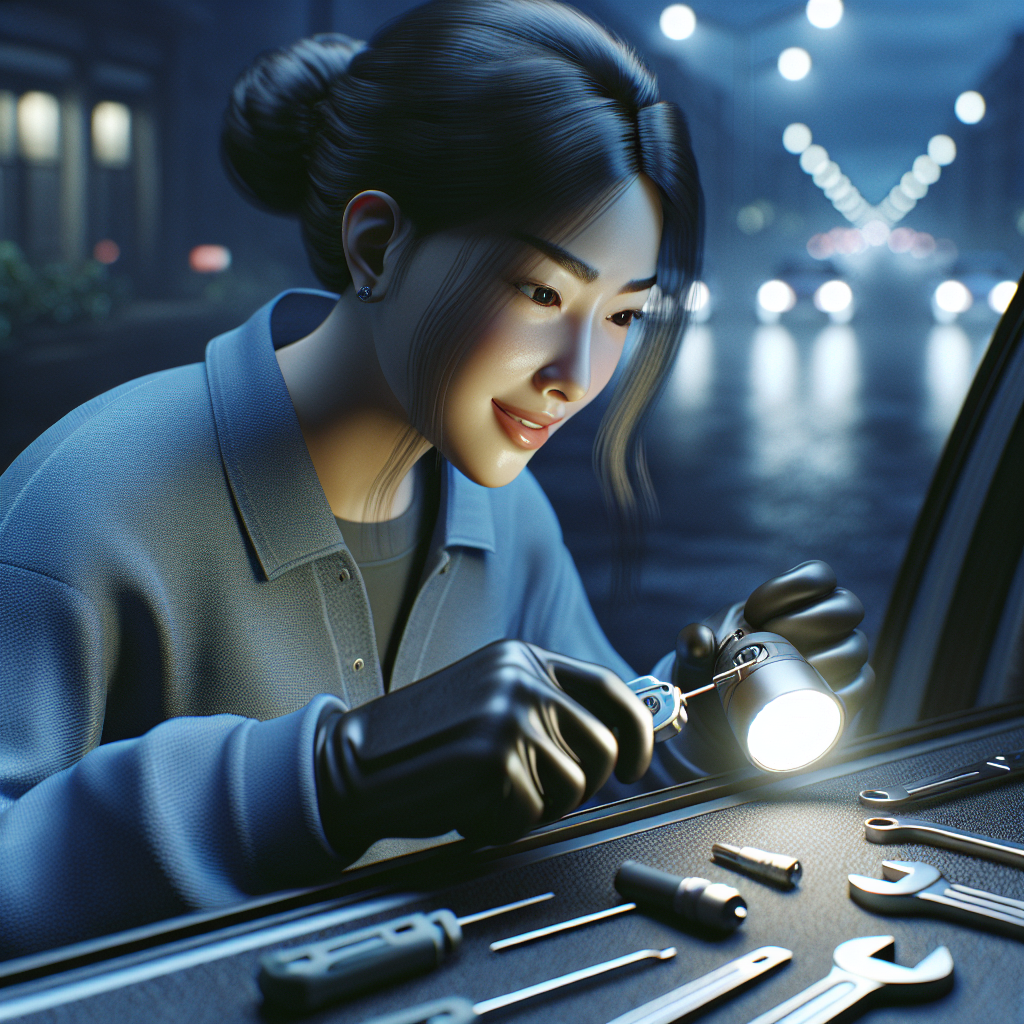 A friendly mobile auto locksmith working on a car door at night with tools