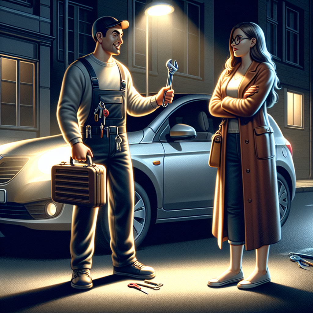 A friendly automotive locksmith assisting a customer at night with their locked car