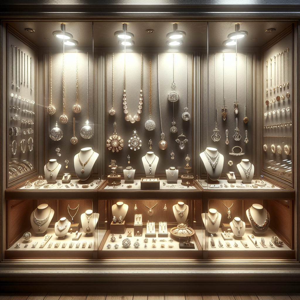 An elegant display of various types of antique and vintage jewelry in a well-lit showcase