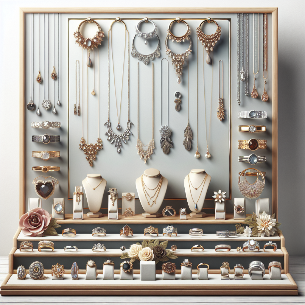 A beautifully arranged display of various types of cleaned jewelry ready for sale, including rings and necklaces