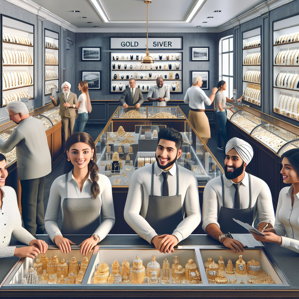 A well-lit pawn shop showcasing various types of gold and silver jewelry with friendly staff assisting customers