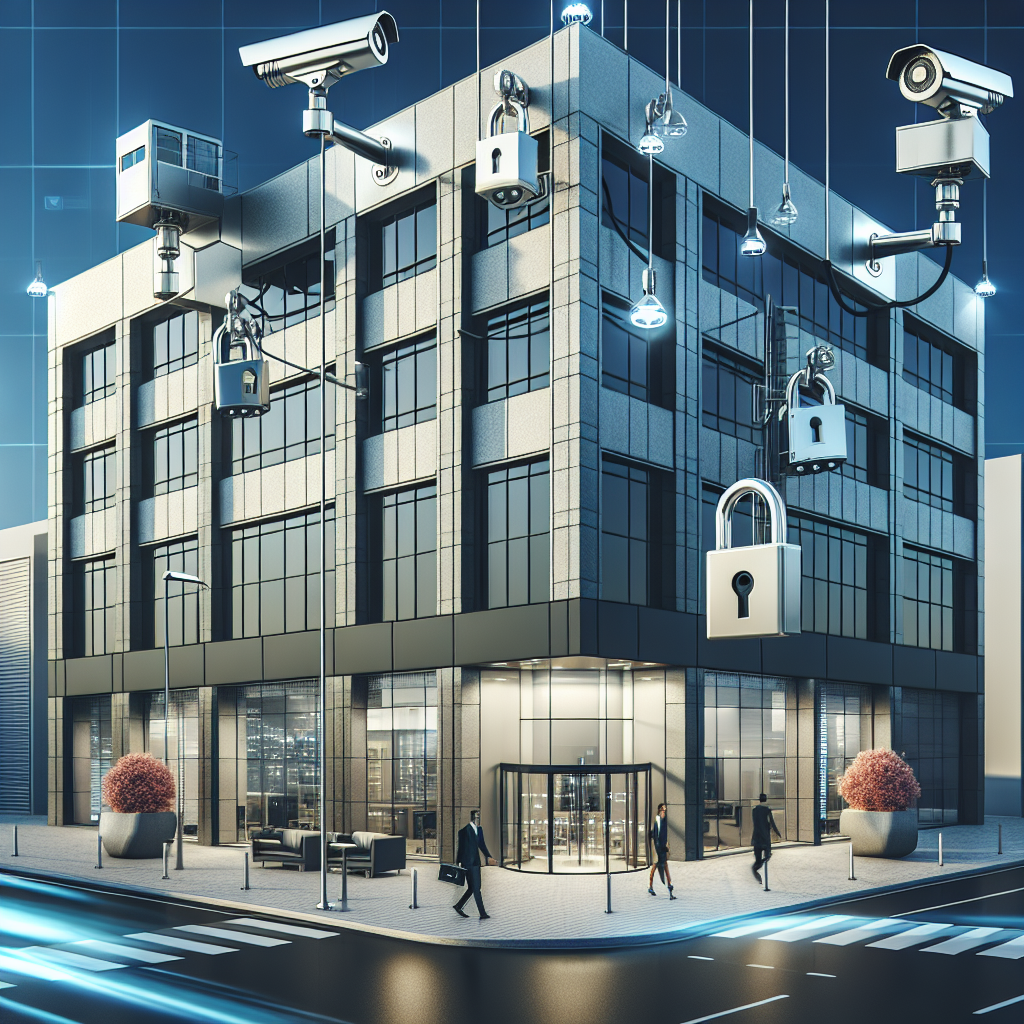 A modern office building with high-security locks and surveillance cameras