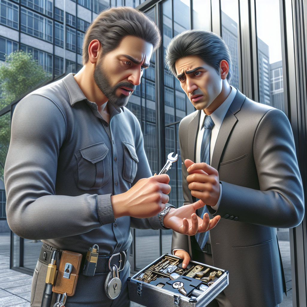 A professional locksmith assisting a business owner with a lockout situation outside an office building