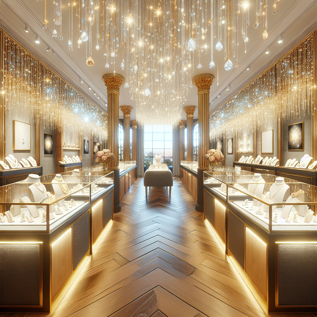 A bright and inviting jewelry store interior featuring sparkling diamonds and gold jewelry displays