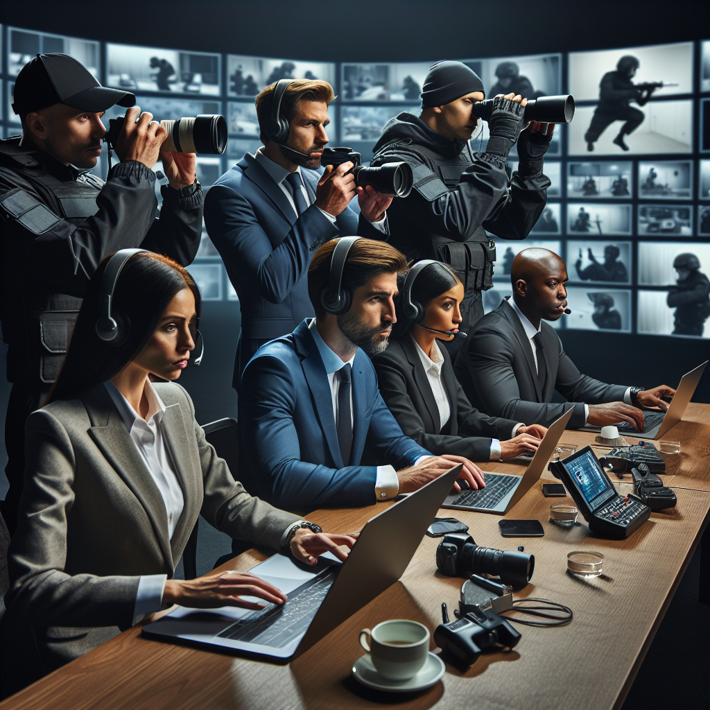 A diverse team of professional security experts strategizing at a high-profile event