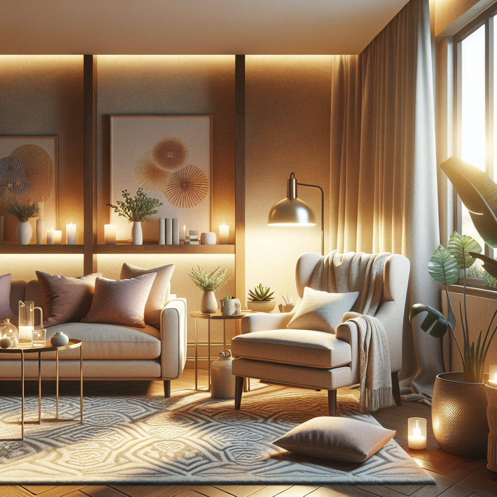 A cozy therapy room with comfortable seating, warm lighting, and calming decor