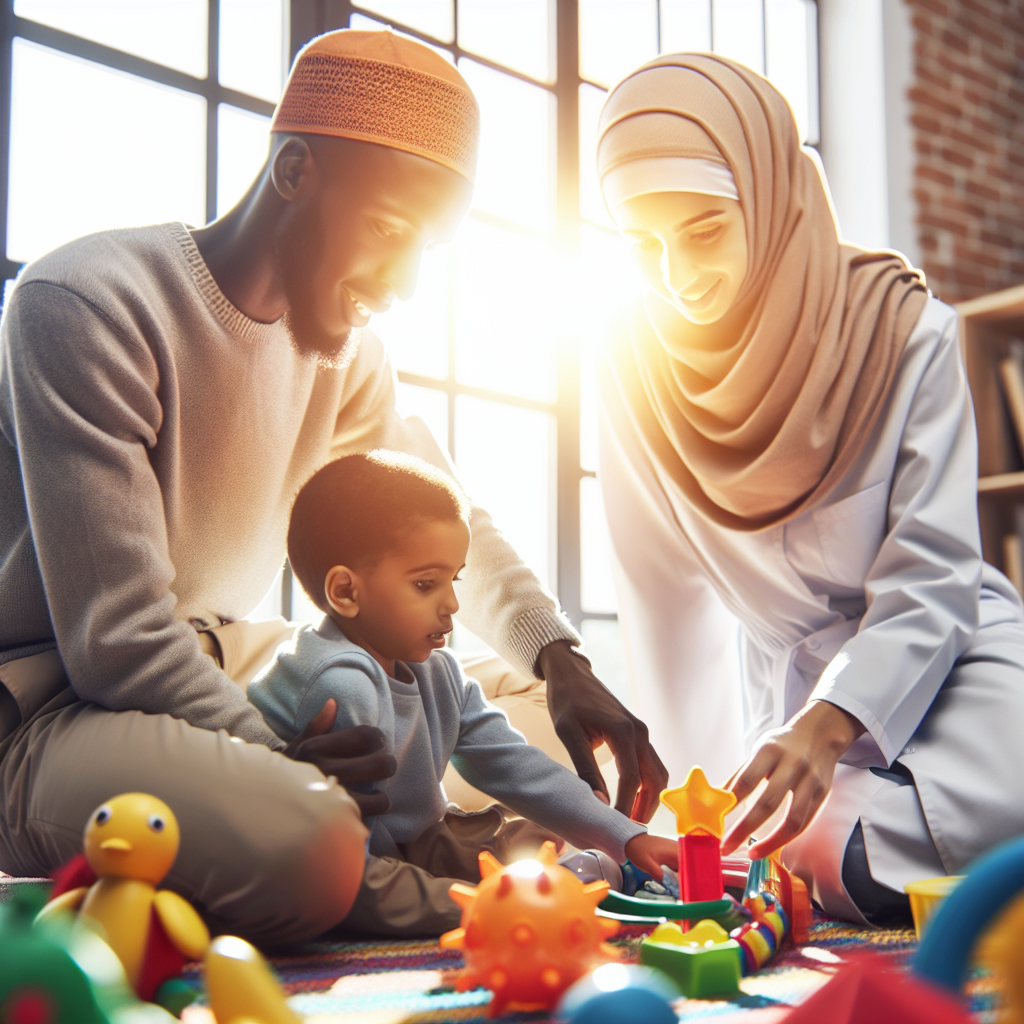 A child engaging with a therapist using toys and visual aids in a bright therapy room