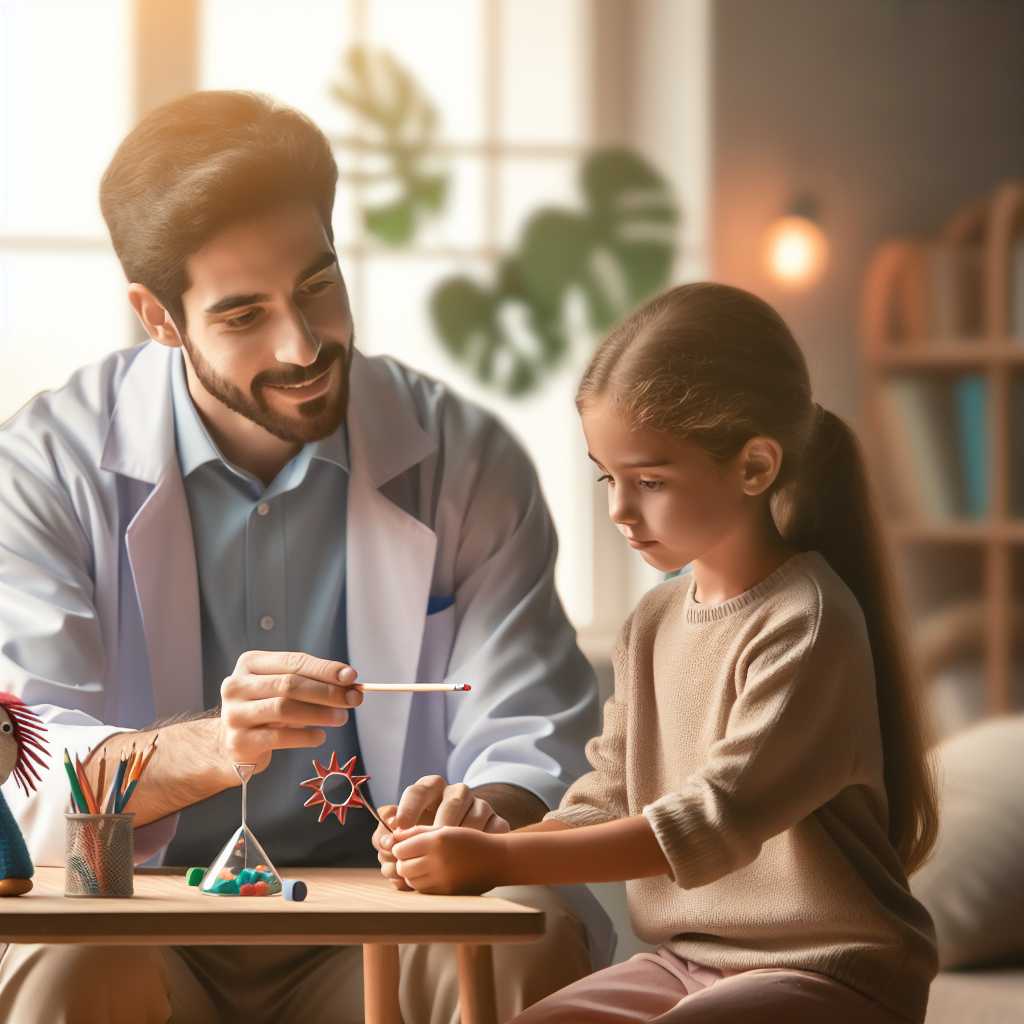 A therapist guiding a child through cognitive behavioral techniques using interactive activities