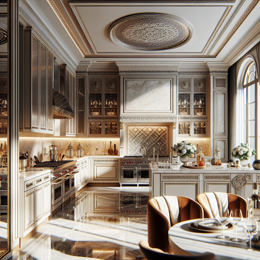 A luxurious kitchen featuring custom cabinetry, high-end appliances, and elegant finishes