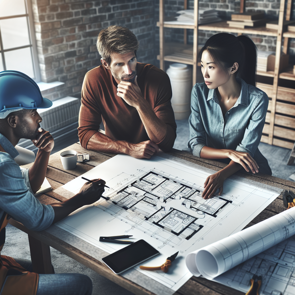 A team of construction workers collaborating on a home renovation project with blueprints spread out