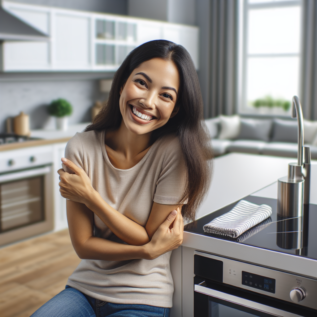A homeowner happily maintaining their newly renovated kitchen with modern appliances