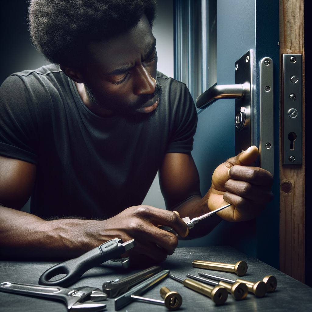 A professional locksmith working on a door lock with tools