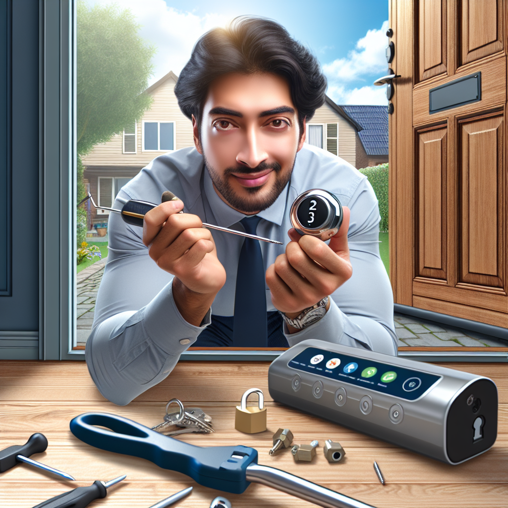A friendly locksmith installing a smart lock on a residential door