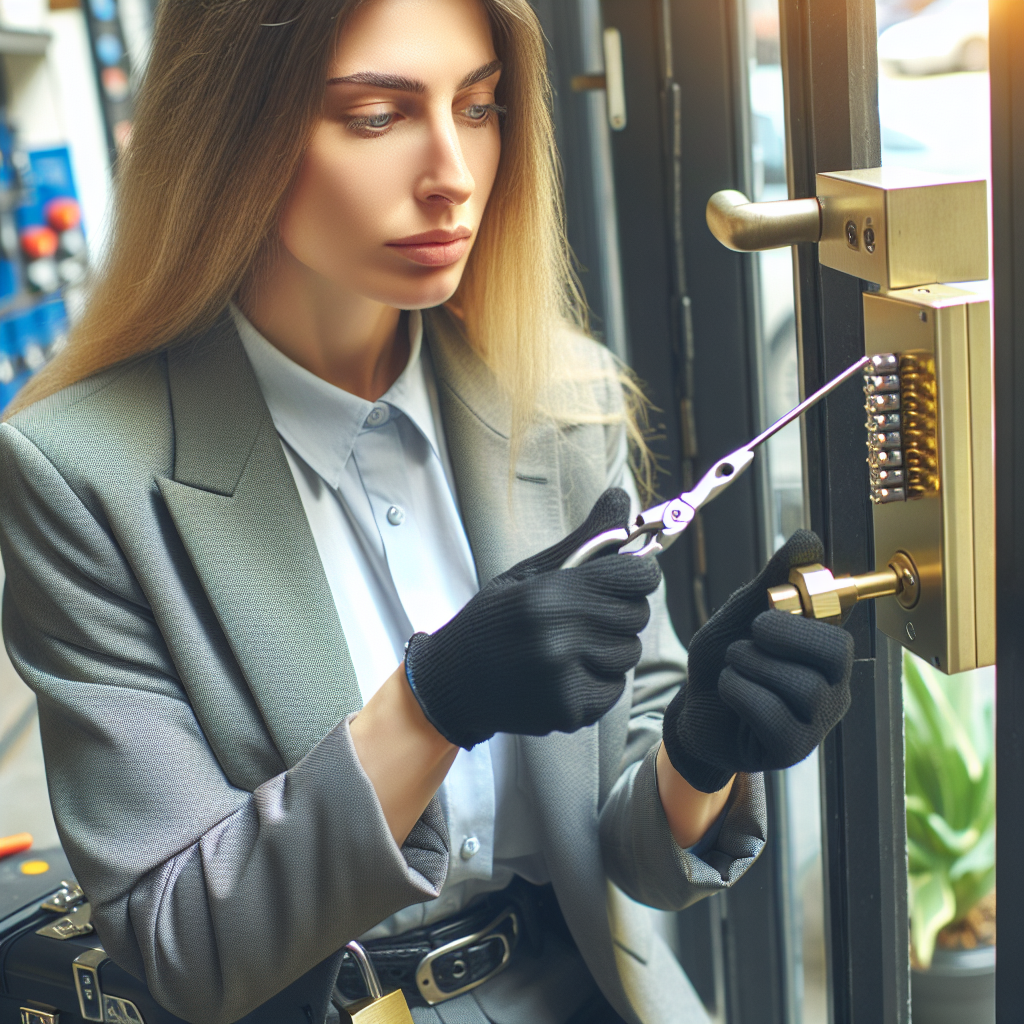 A professional locksmith installing high-security locks at a commercial building