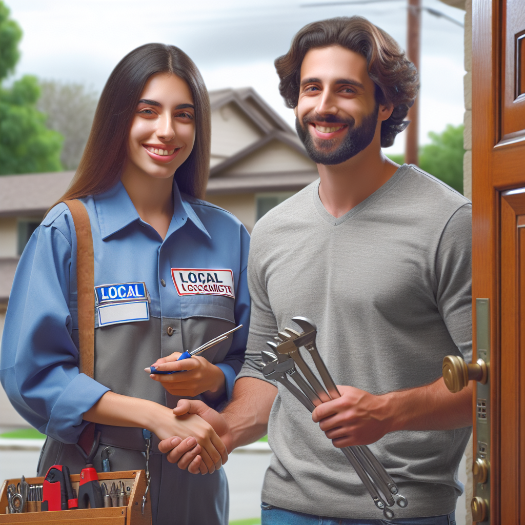 A friendly local locksmith assisting a customer outside their home with tools