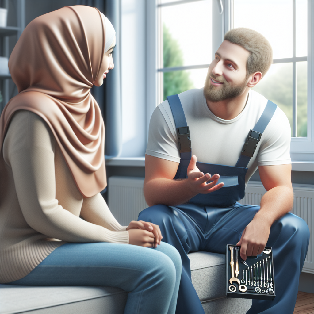 A local locksmith discussing options with a customer at their home