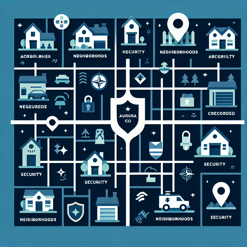 A map highlighting different neighborhoods in Aurora, CO with icons for security features
