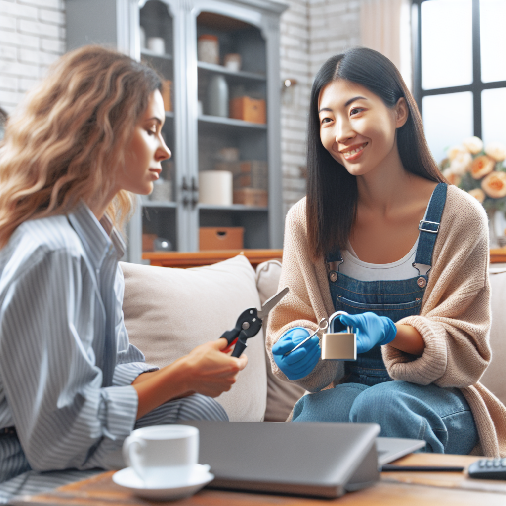 A friendly locksmith rekeying a lock in a cozy home setting