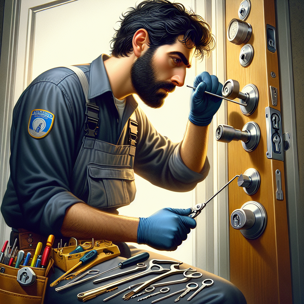 A professional locksmith rekeying a residential door lock with tools