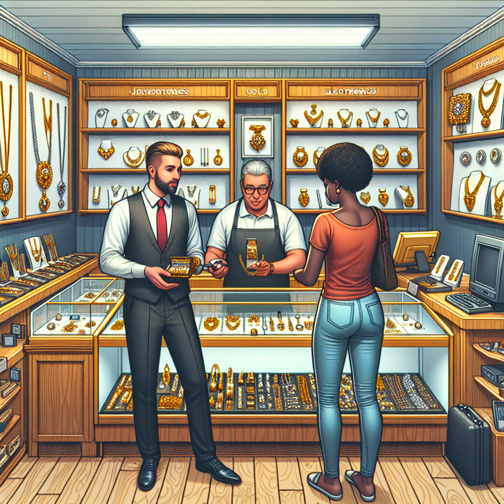 A vibrant pawn shop interior showcasing gold and silver jewelry, electronics, and musical instruments on display with a friendly staff member assisting customers.