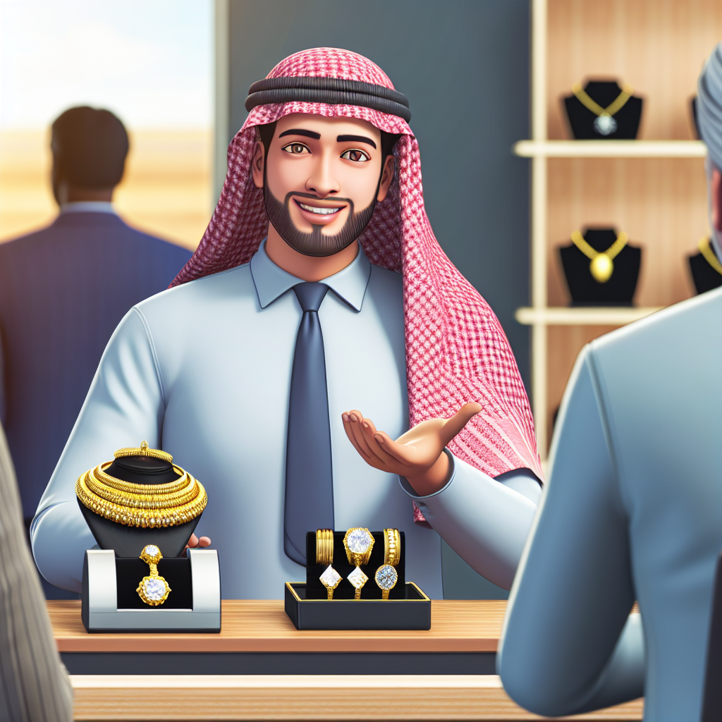 A friendly staff member at King Cash Pawn Shop engaging with customers while showcasing various valuable items including gold jewelry and electronics.