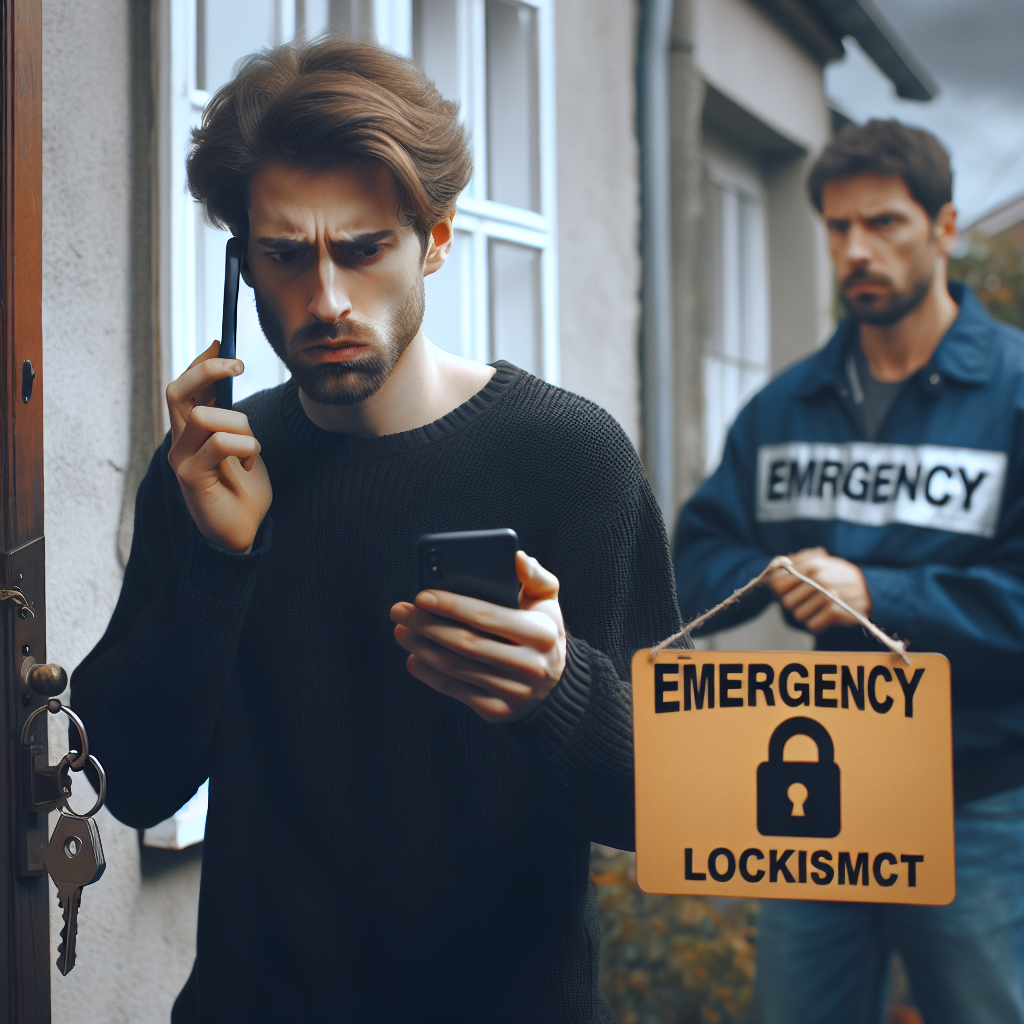 A person standing outside their locked house looking frustrated with a phone in hand ready to call an emergency locksmith