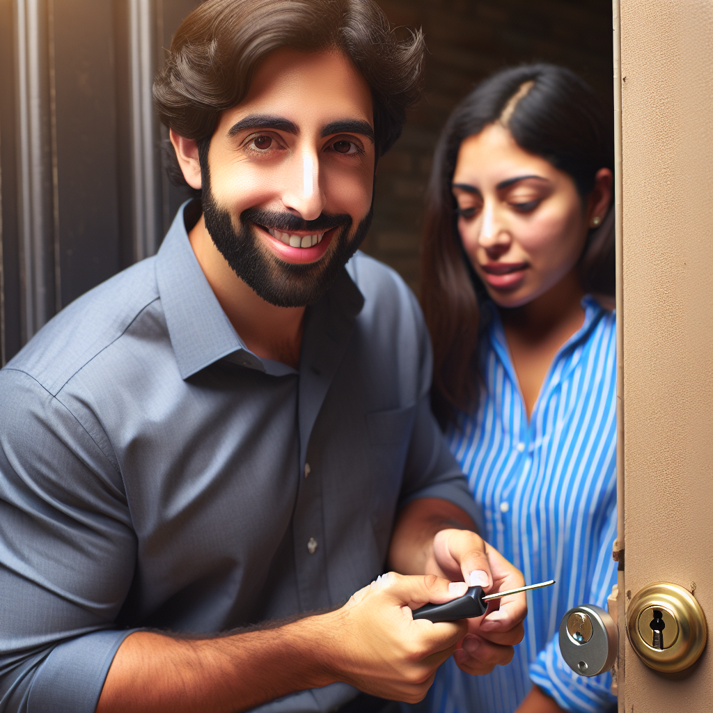 A friendly locksmith assisting a person who is locked out of their home
