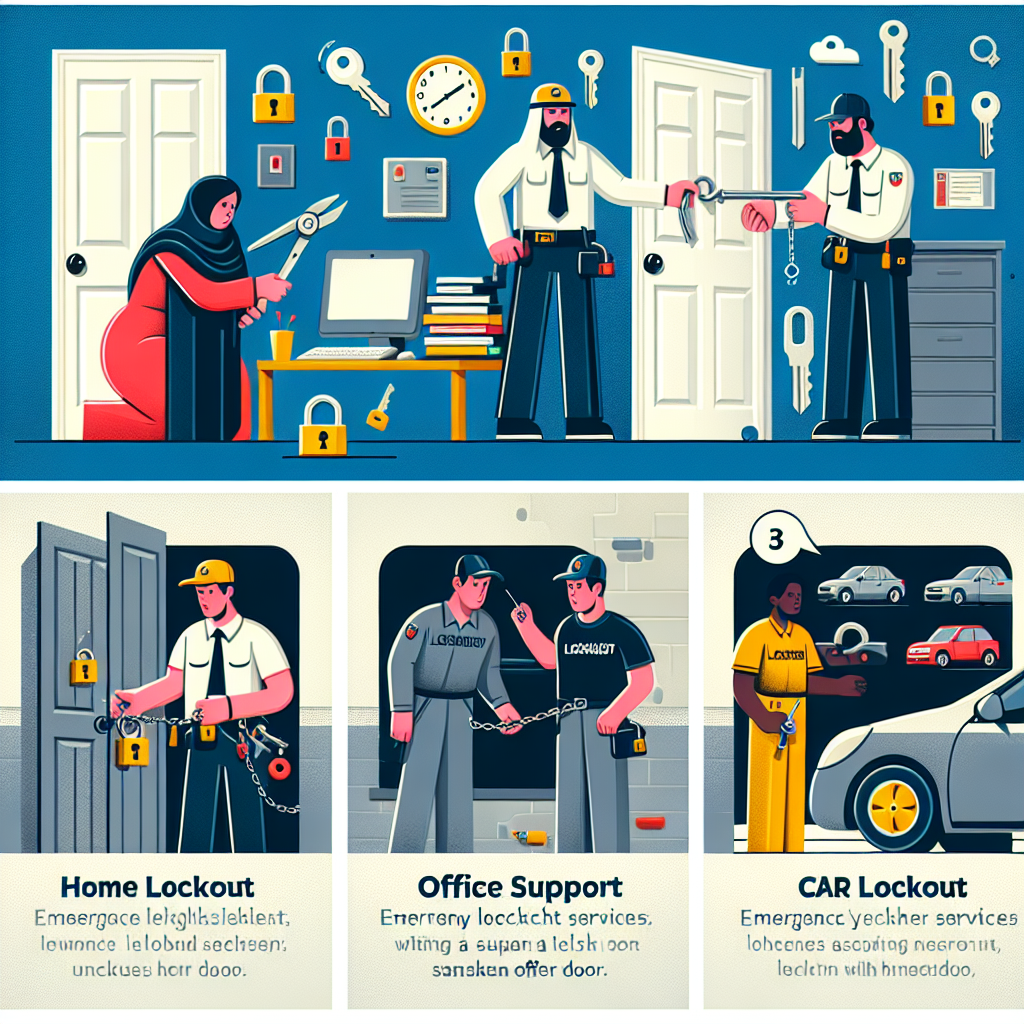 An illustration depicting various types of emergency locksmith services like home lockouts, office support, and car unlocks