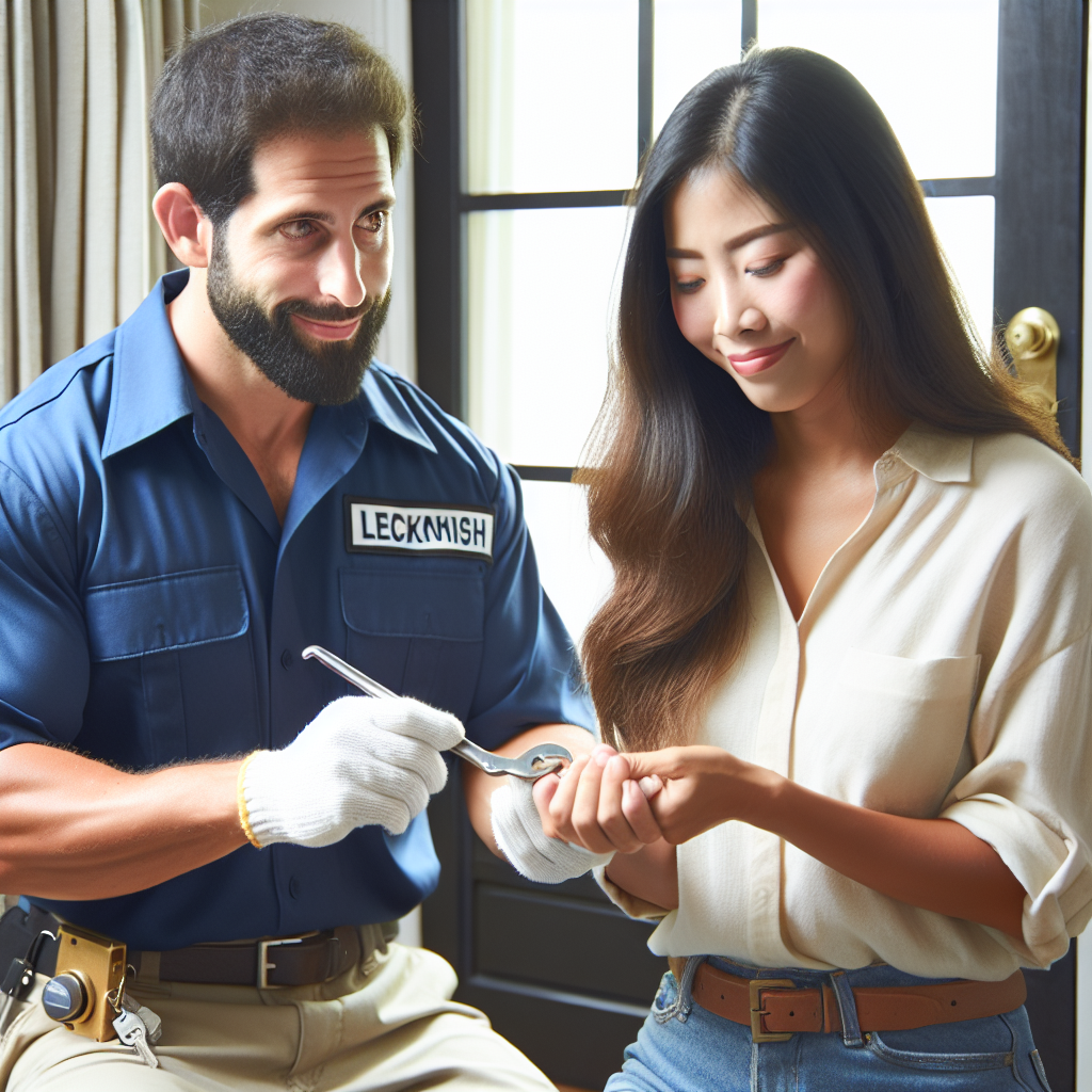 A friendly local locksmith assisting a customer who is locked out of their house, showcasing professionalism and trustworthiness