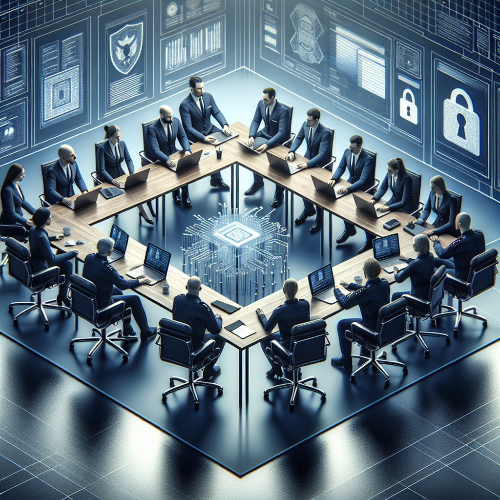 A collaborative workspace showcasing both physical security personnel and IT experts discussing strategies around a table with laptops and security equipment