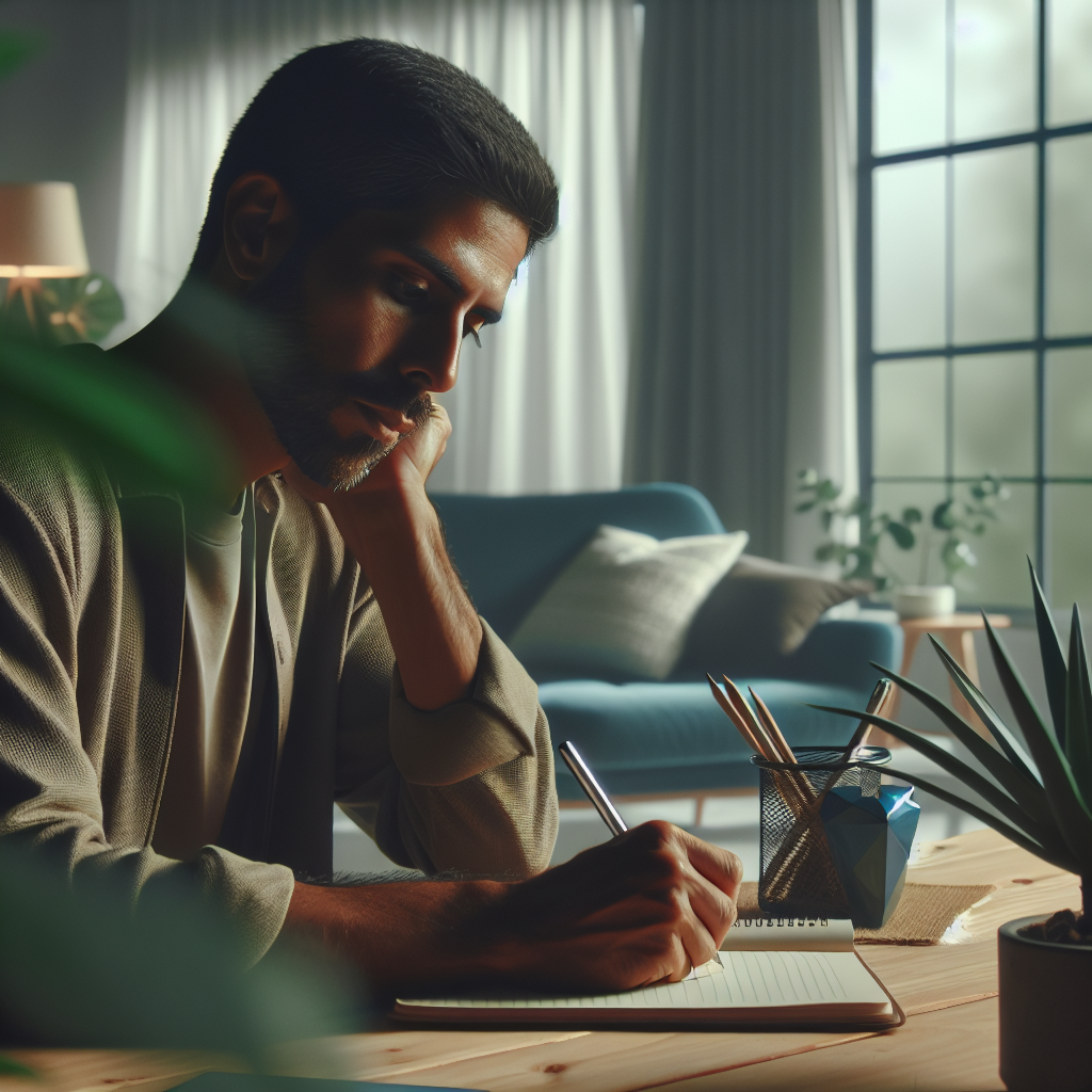 A person sitting at a desk writing down their thoughts and goals about psychological counseling options, surrounded by calming elements like plants and soft lighting.