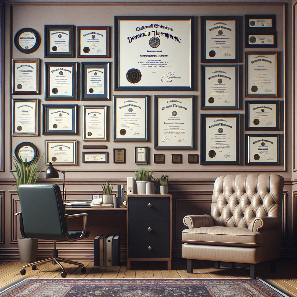 A professional therapist's office showcasing diplomas and certifications framed on the wall, symbolizing expertise and professionalism.
