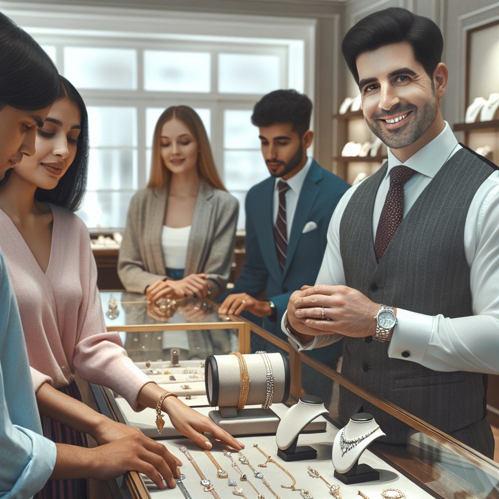 A friendly jeweler assisting customers inside an elegant jewelry store showcasing various beautiful pieces