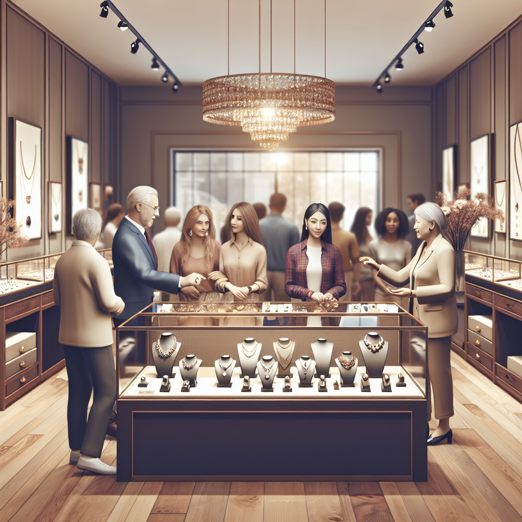 A cozy jewelry store interior with customers being assisted by friendly staff showcasing various types of jewelry including rings and necklaces