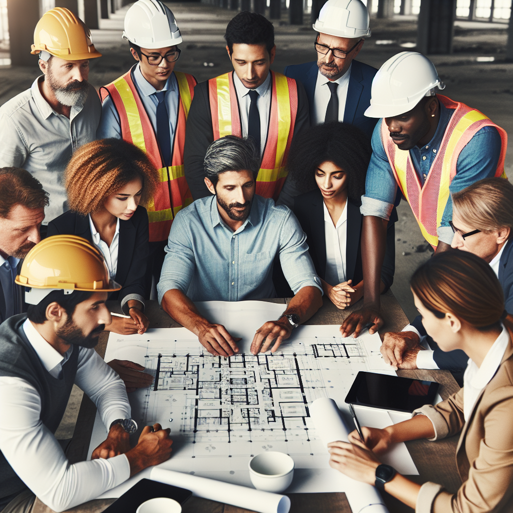 A diverse group of construction professionals engaged in a meeting on-site, discussing plans with blueprints spread out before them.