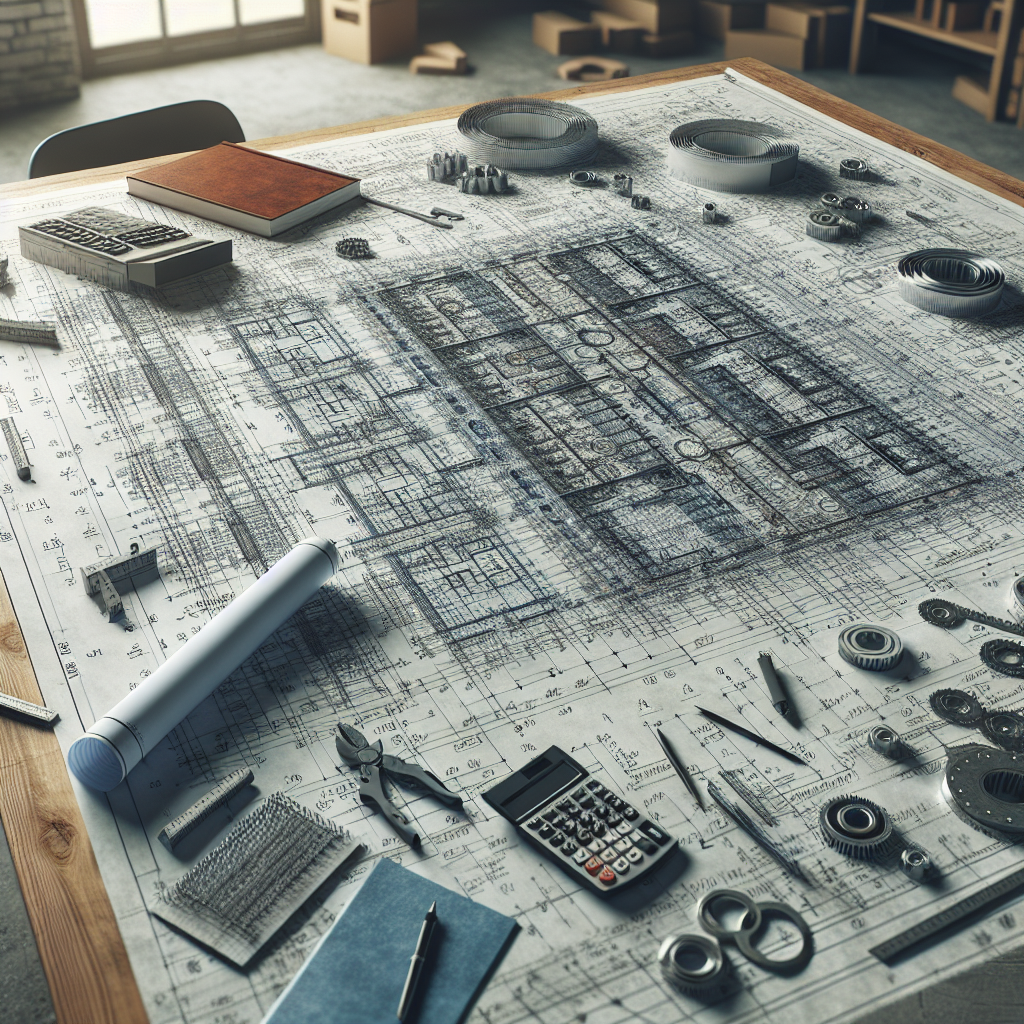 A detailed blueprint with calculations laid out on a table surrounded by construction tools and materials.