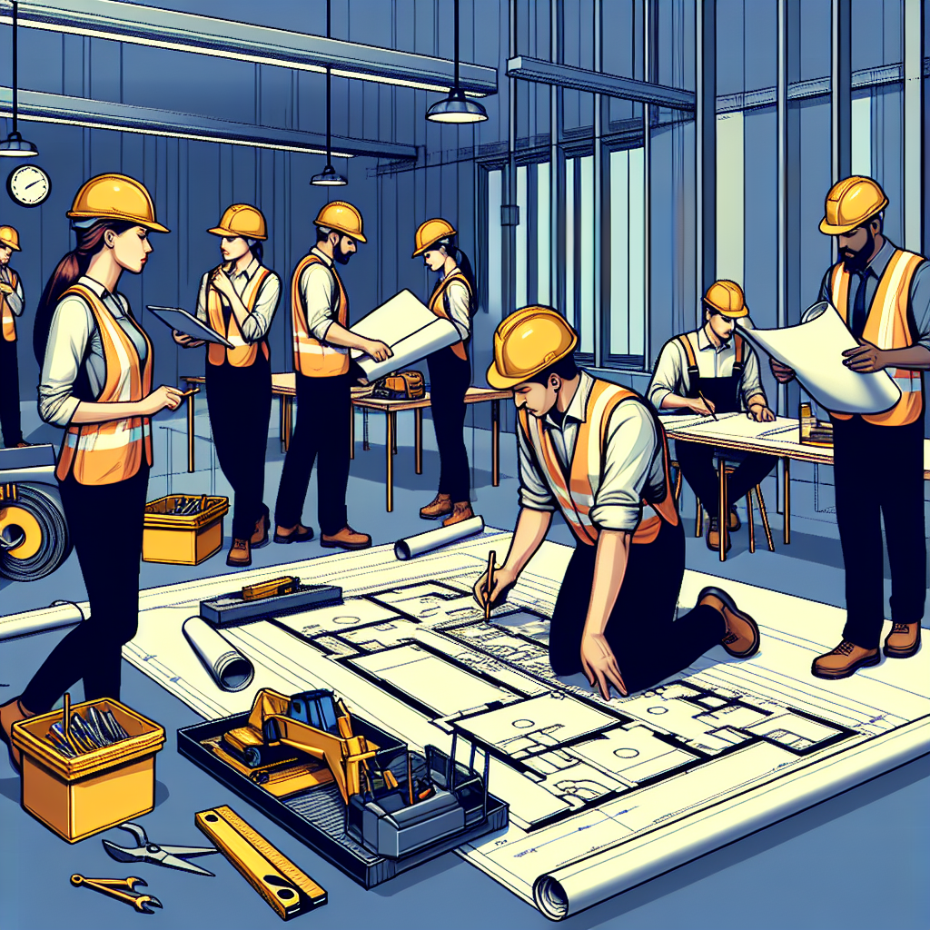 A construction site showing workers efficiently collaborating with blueprints and tools around them while managing timelines effectively.